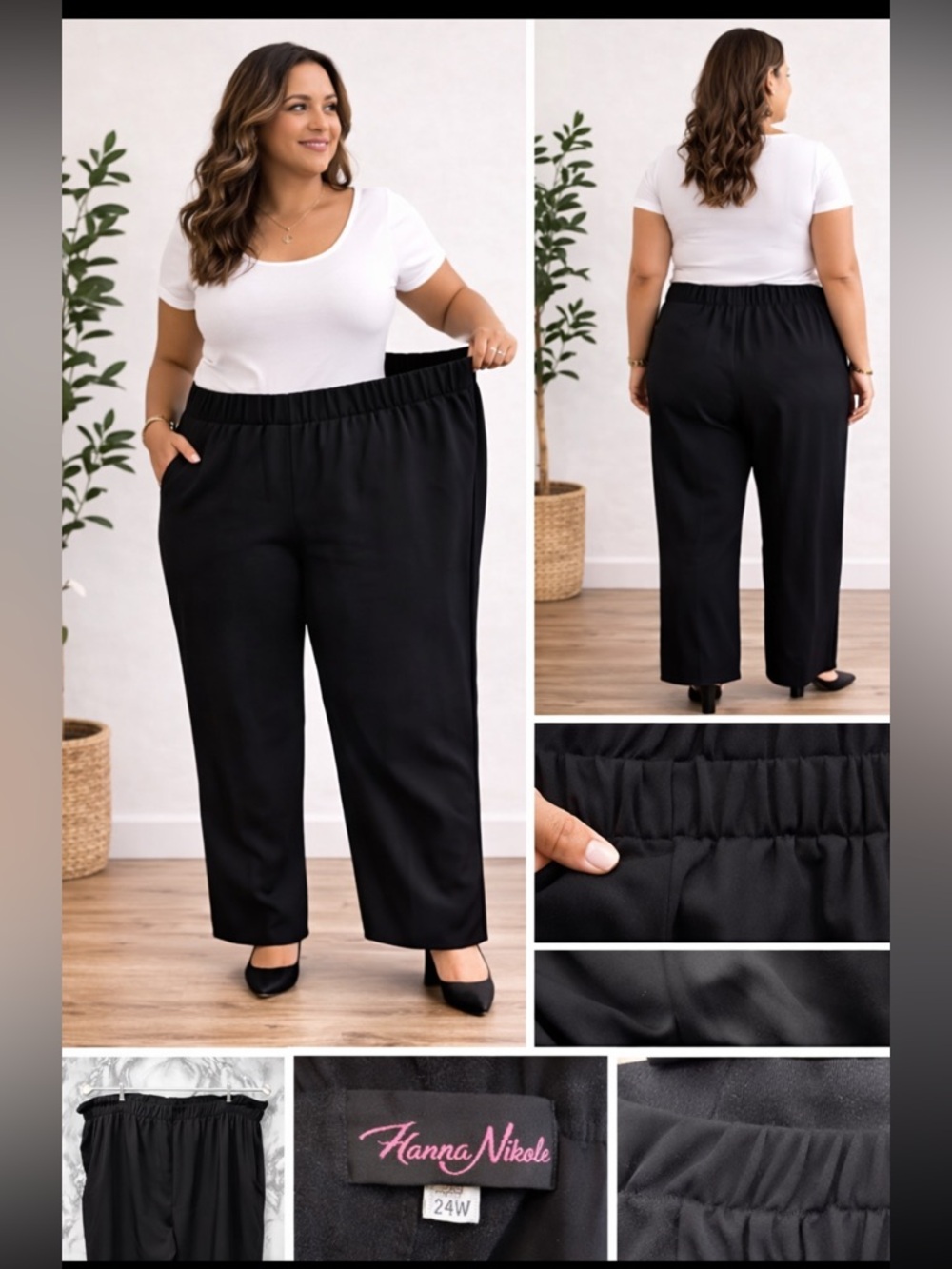 Hanna Nikole Women’s Classic Black Elastic Waist Wide Leg Pants Size 24W